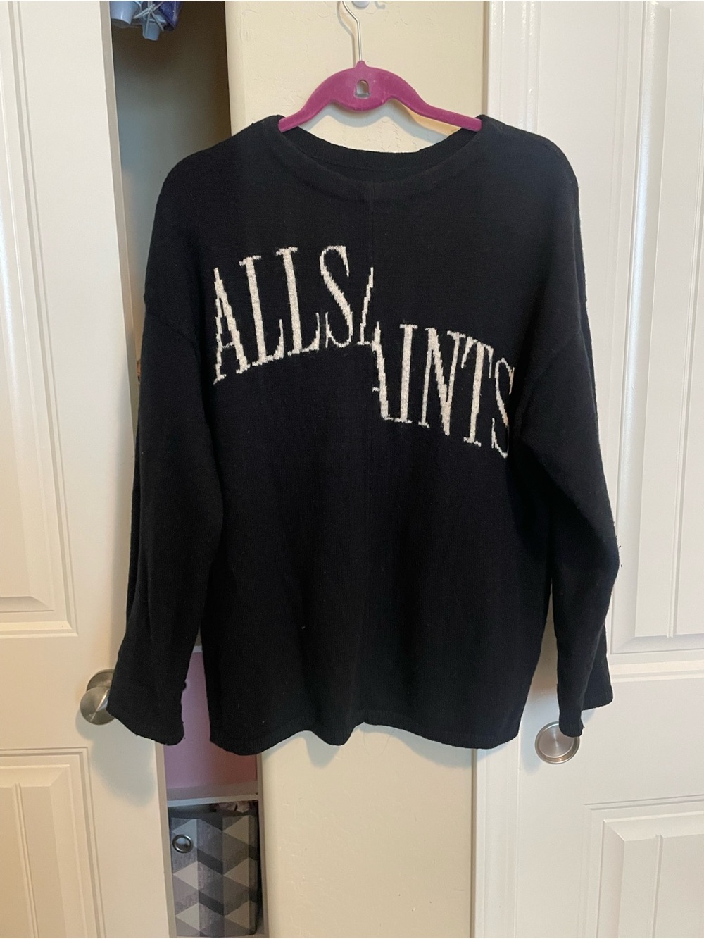 All Saints Black Crewneck Sweater with White AllSaints Logo